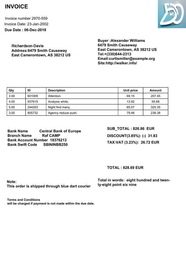 A clean synthetic FATURA commercial invoice: crisp text, with invoice number, dates, buyer, line items, and total all clearly legible.
