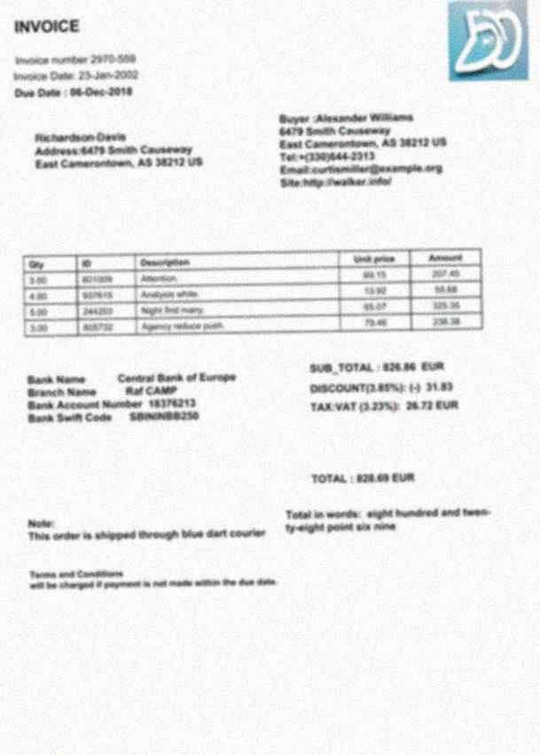 The same invoice after the benchmark's level-2 degradation: skewed, blurred, with sensor noise and JPEG artifacts, and no text layer, which forces the model's vision path.